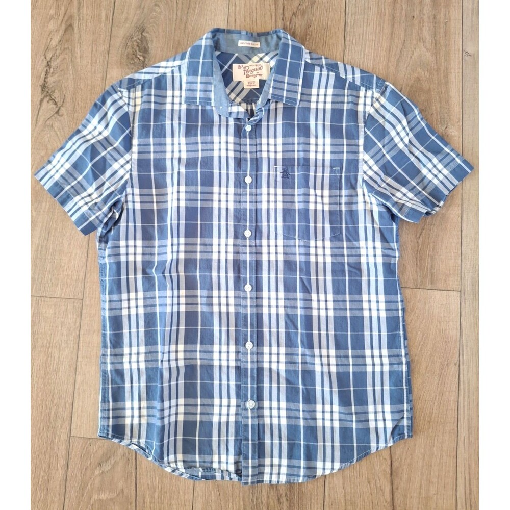 Penguin By Munsingwear Men Medium Blue White Plaid Short Sleeve Button Up Shirt